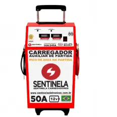 CARREGADOR DE BATERIA SENTINELA 50A 12V C/ AUXILIAR DE PARTIDA E CARRINHO MOD. CAV5012