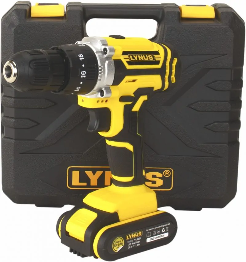 Parafusadeira e Furadeira de Impacto 3/8Pol. 20V com Bateria 1,3Ah Carregador Bivolt e Maleta LYNUS-PFL-20CI
