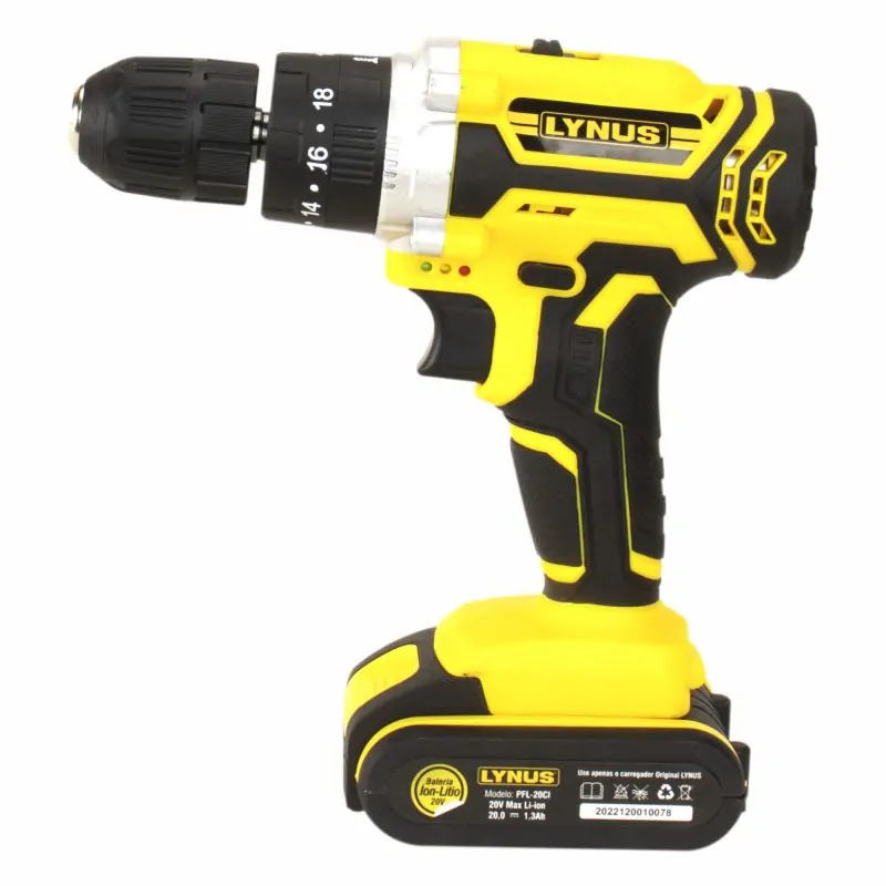Parafusadeira e Furadeira de Impacto 3/8Pol. 20V com Bateria 1,3Ah Carregador Bivolt e Maleta LYNUS-PFL-20CI