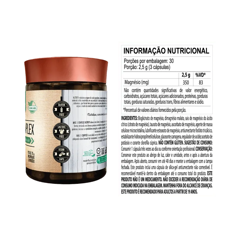 MAG 5 COMPLEX ( Blend 5 Fontes de Magnésio ) Pote 90 Cápsulas - Nutrify