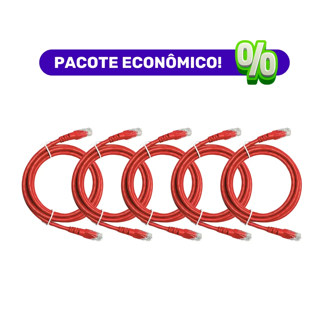 Patch Cord - Cat.5E UTP LSZH - 1m - Vermelho - Kit com 5 Unidades