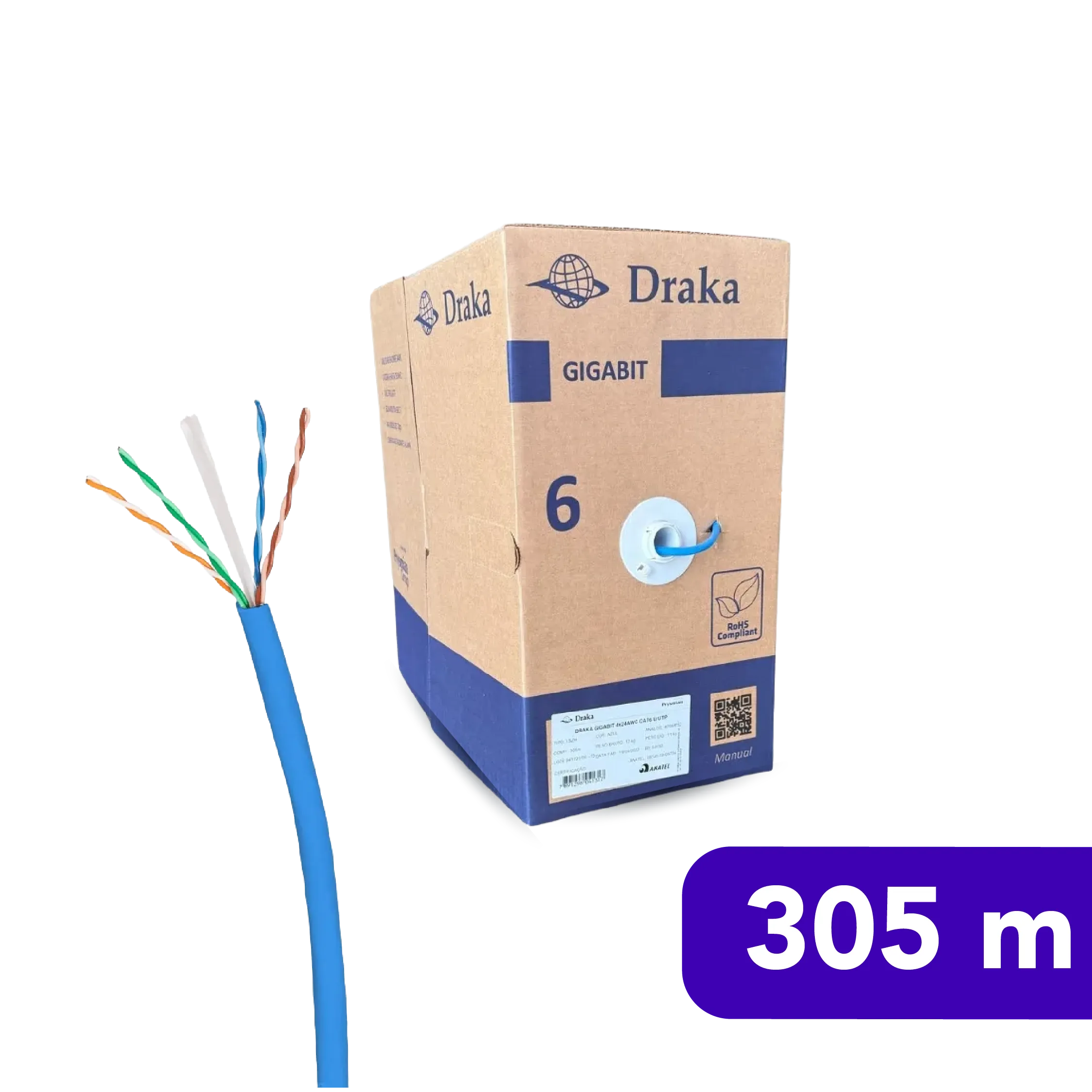 Cabo de Rede - 4 Pares - Gigabit UTP - LSZH - Cat. 6 - Prysmian - 305m - Azul