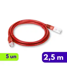 Patch Cord Cat. 6 UTP LSZH - 2,5m - Vermelho - Kit com 5 Unidades