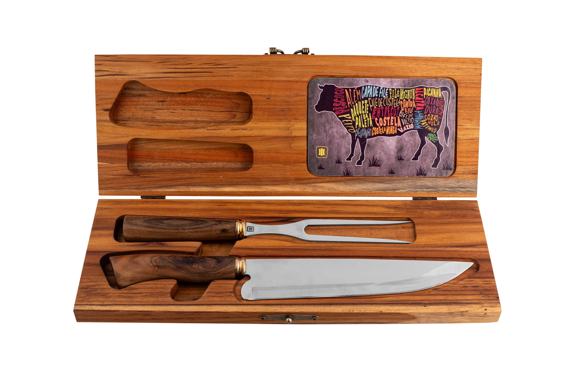 Faca Fazendeira 9 Pol. + Garfo multiuso + Estojo em madeira Teca