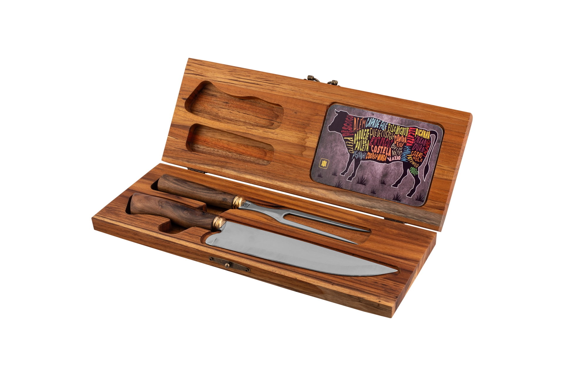 Faca Fazendeira 9 Pol. + Garfo multiuso + Estojo em madeira Teca