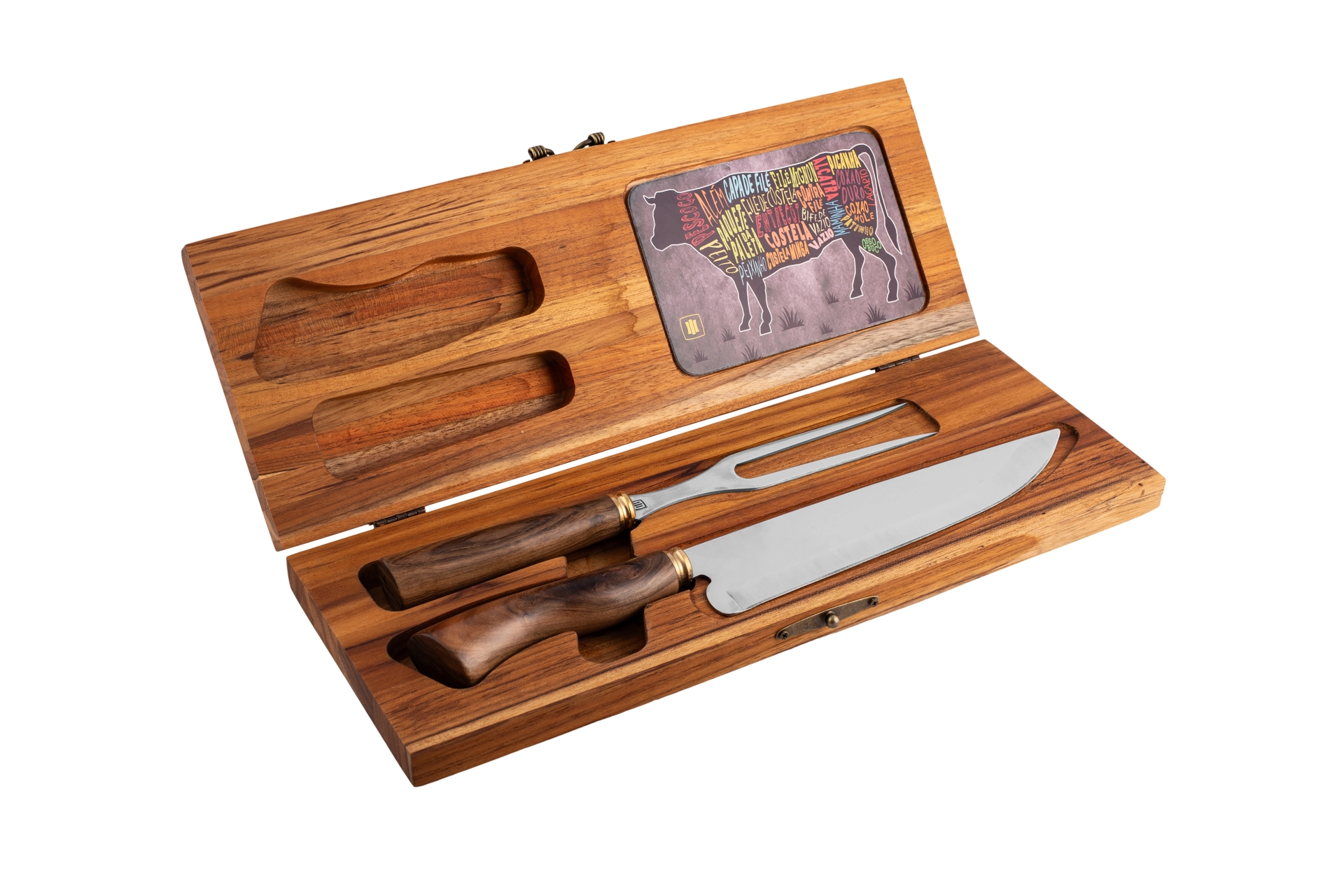 Faca Fazendeira 9 Pol. + Garfo multiuso + Estojo em madeira Teca