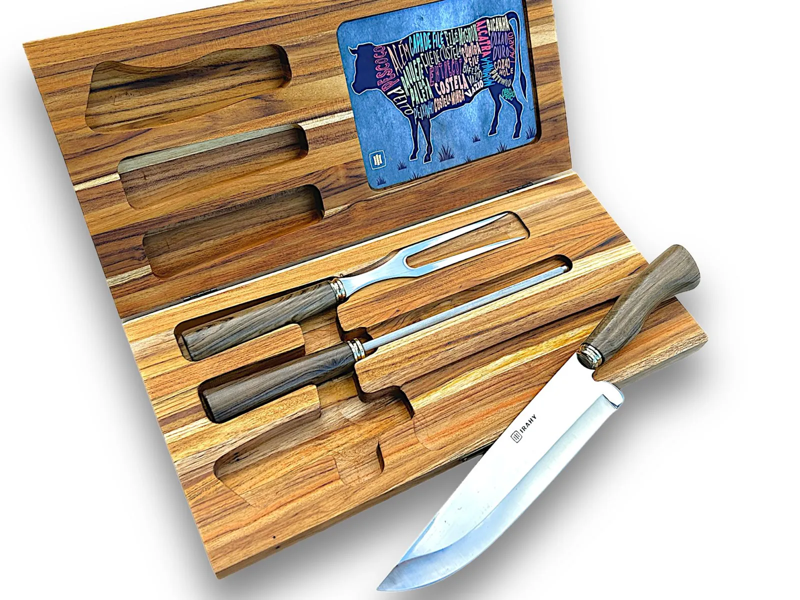 Faca fazendeira 9 Pol. + Garfo Auxiliar em Inox + Chaira estriada de alta performance 