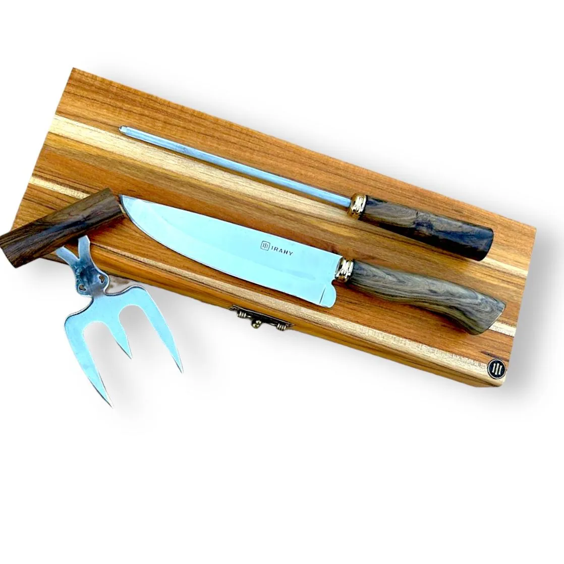 Estojo em Madeira Teca + Faca Churrasqueira 7 Pol. + Garra de urso em inox + Chaira estriada para afiação 