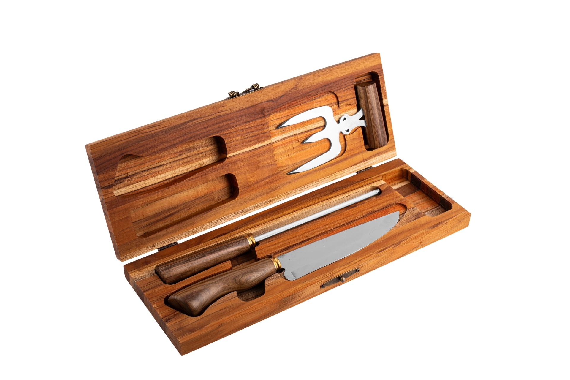 Estojo em Madeira Teca + Faca Churrasqueira 7 Pol. + Garra de urso em inox + Chaira estriada para afiação 