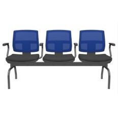 Brizza Longarina Tela Azul / 3 Lugares /Bases/Estruturas Metal Preto / Apoios de braço Fixo