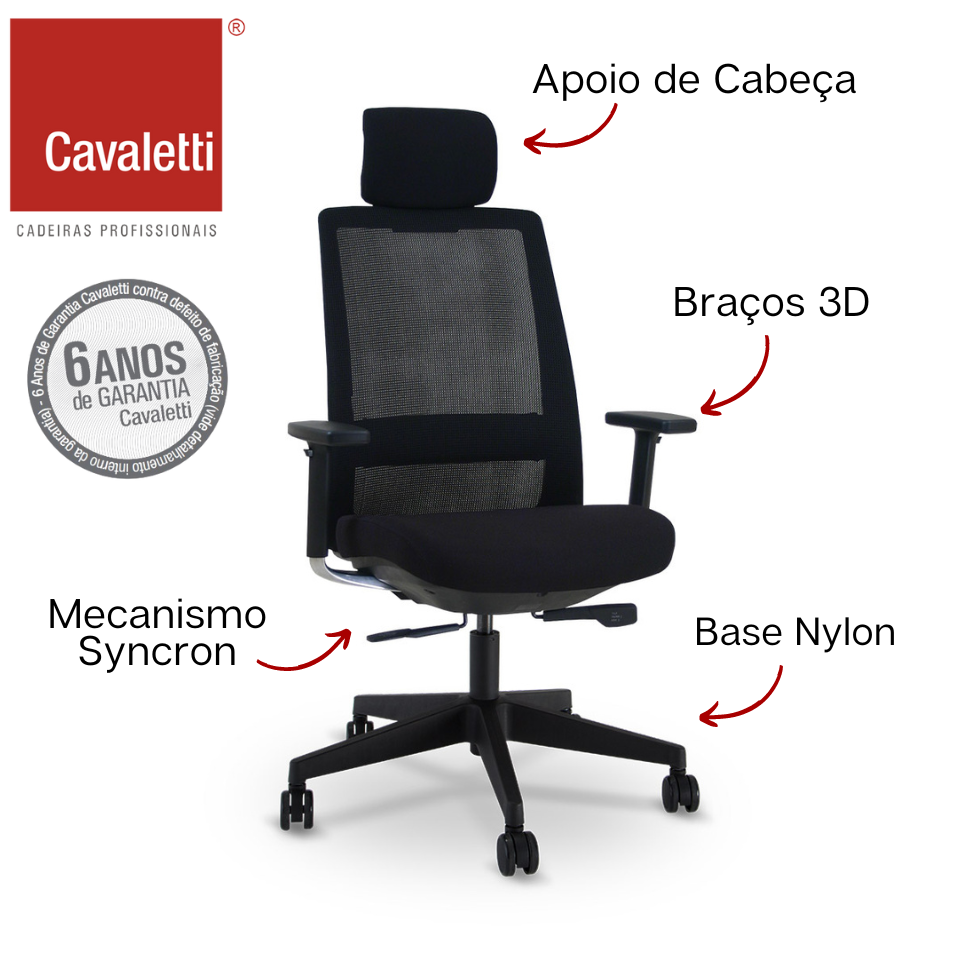 Presidente Giratória C4 / Syncron / Braços 3D / Base Nylon / Apoio de cabeça