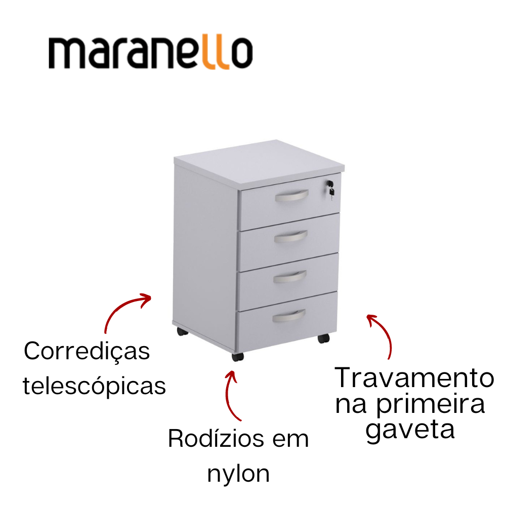Gaveteiro Volante - 4 Gavetas - MDP 25mm - 467mm x 420mm x 700mm M25 MARANELLO