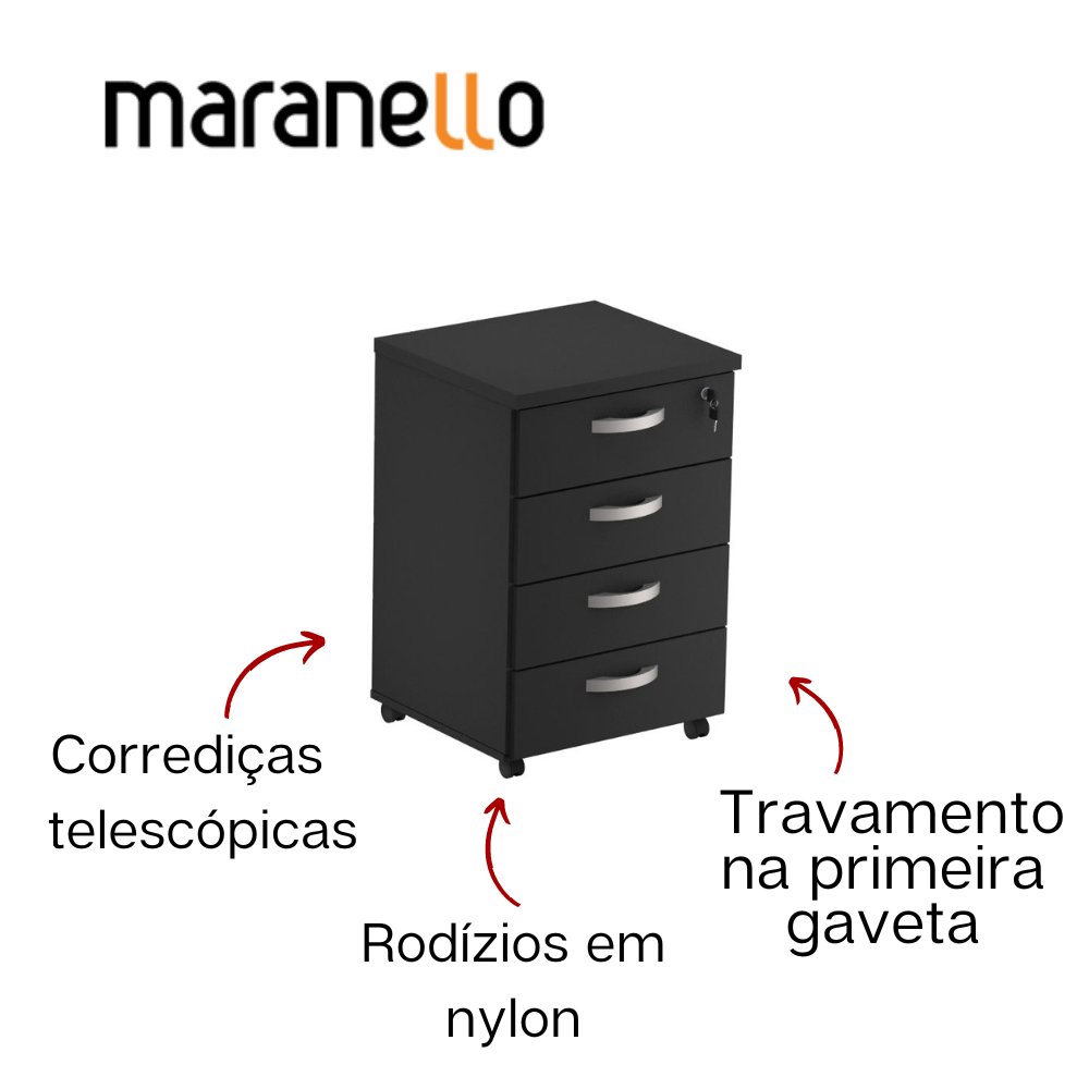 Gaveteiro Volante - 4 Gavetas - MDP 25mm - 467mm x 420mm x 700mm M25 MARANELLO