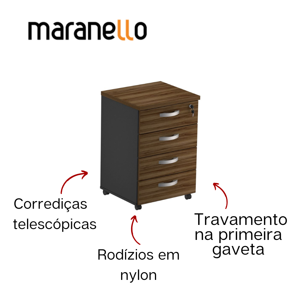 Gaveteiro Volante - 4 Gavetas - MDP 25mm - 467mm x 420mm x 700mm M25 MARANELLO