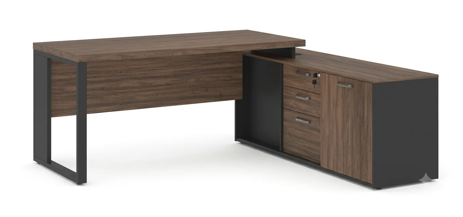 MESA DIRETOR DINÂMICA COM ARMÁRIO LATERAL PÉ QUADRO 1800 X 1600 CINZA