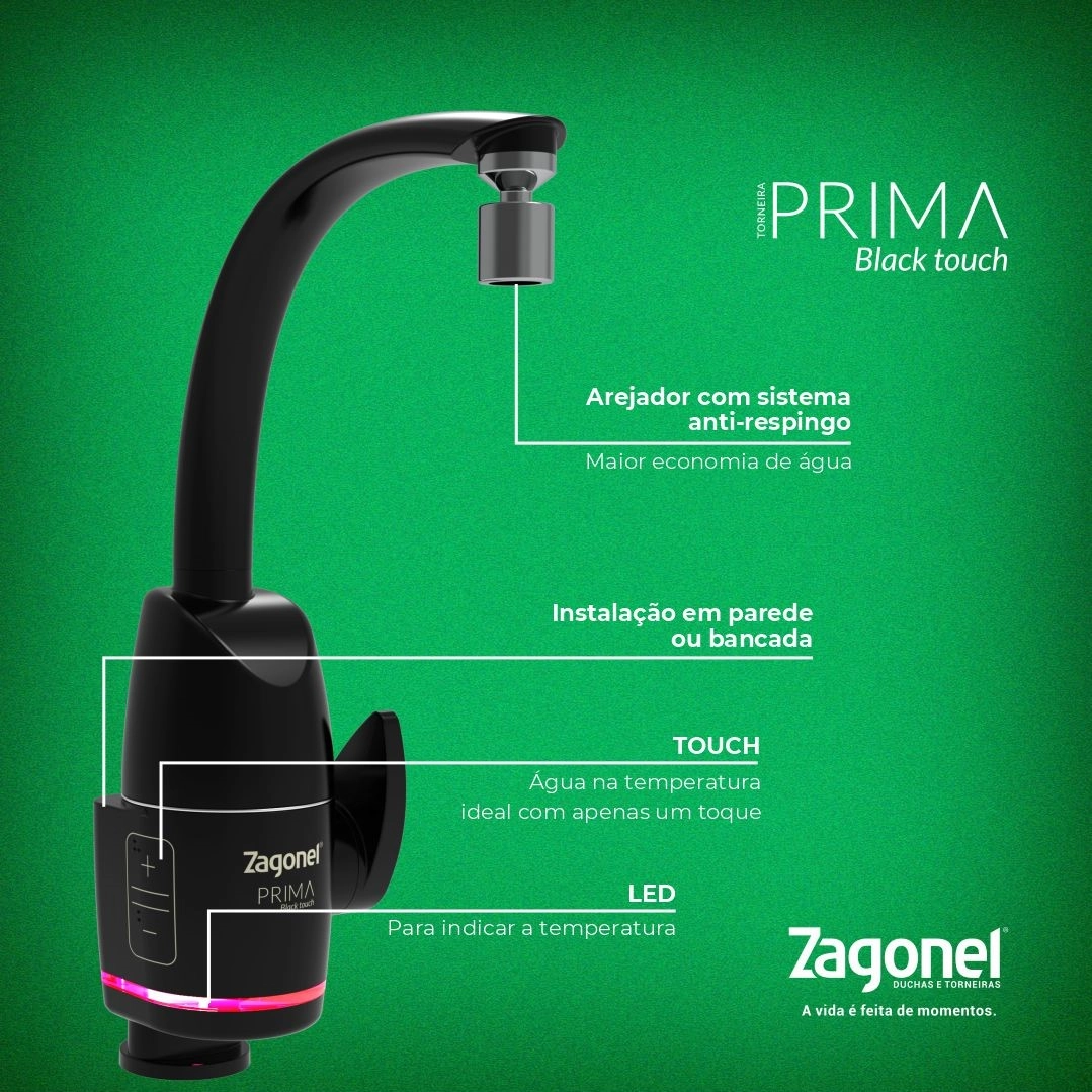 Torneira Elétrica Prima Touch 5500W 220V Preta Zagonel