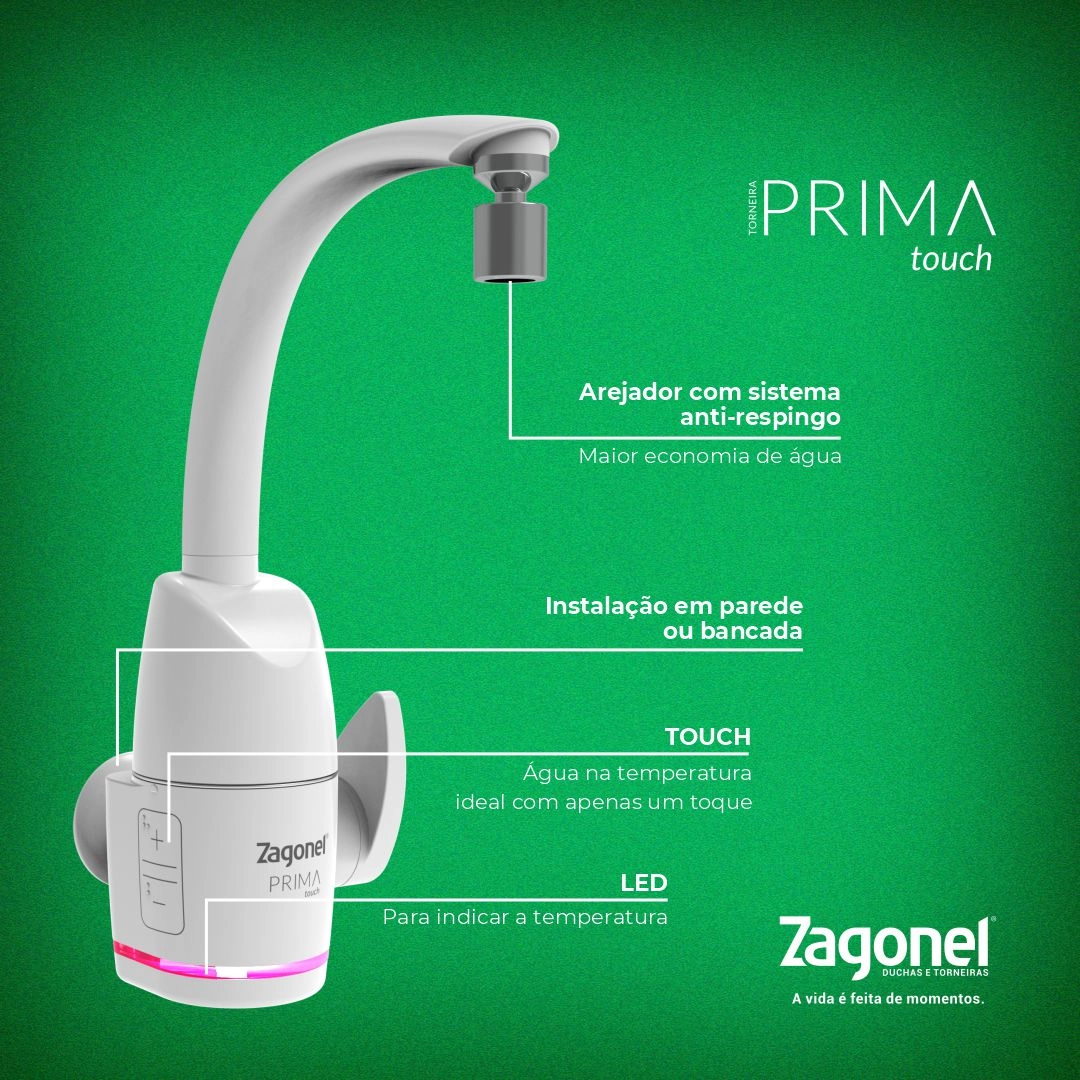 Torneira Elétrica Prima Touch 5500W 220V Branca Zagonel