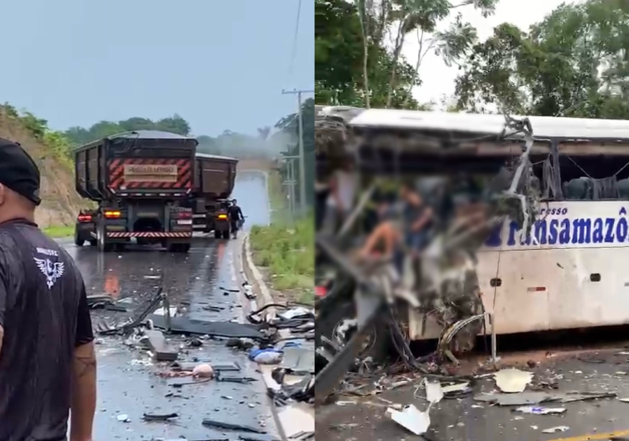 Vídeo: Ônibus e carreta batem de frente na AM-010