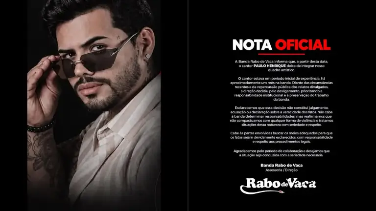 Cantor é desligado da banda Rabo de Vaca após suposta agressão contra companheira