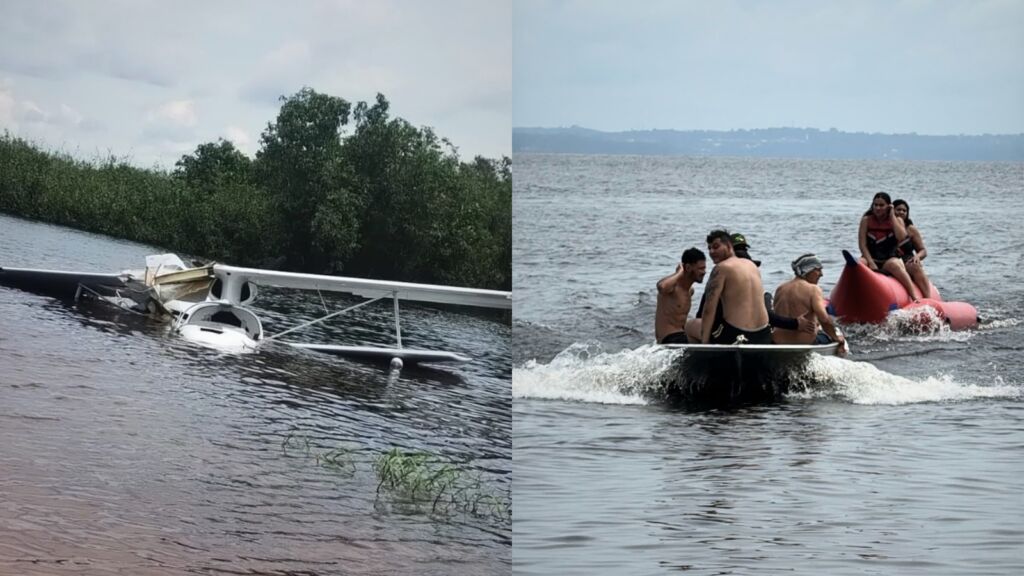 Vídeos: Avião de pequeno porte cai no Rio Negro e feridos são resgatados por banhistas