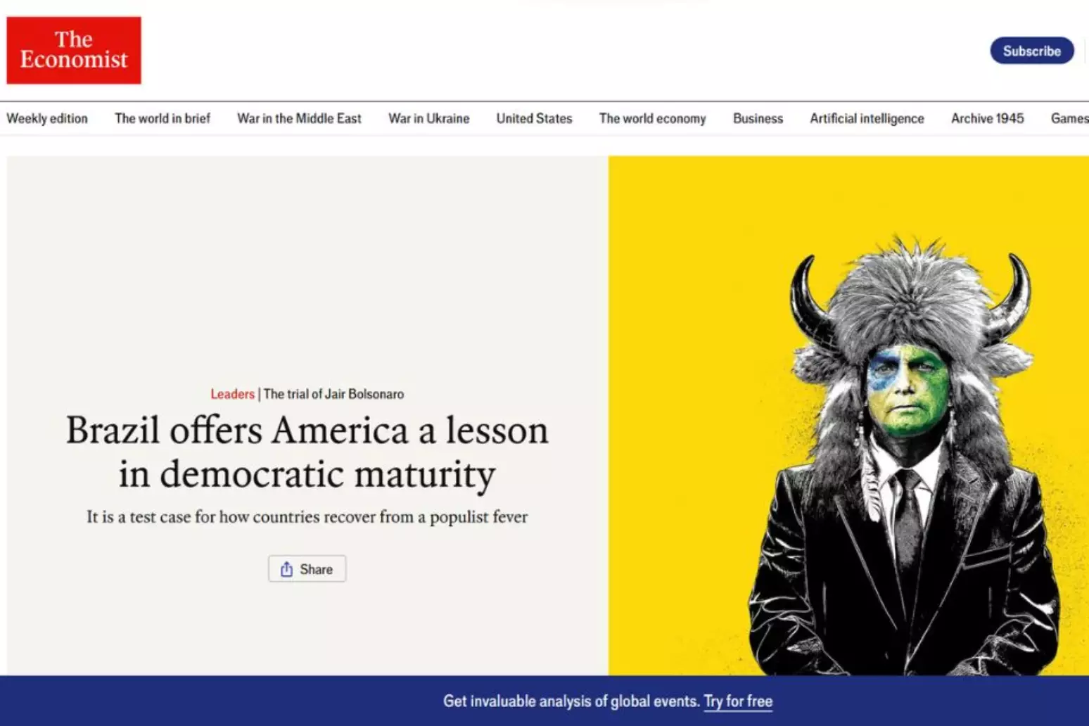 Com Bolsonaro na capa, The Economist diz que Brasil dá lição democrática aos EUA