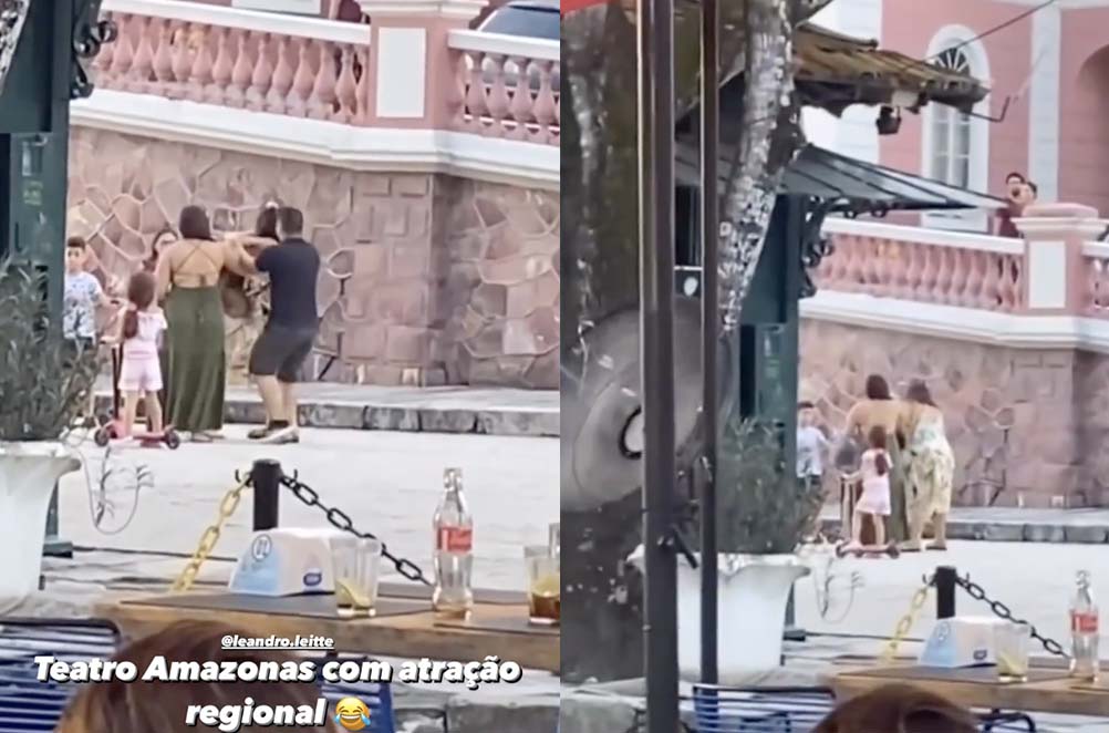 Mulheres brigam por causa de cachorros em frente aoTeatro Amazonas