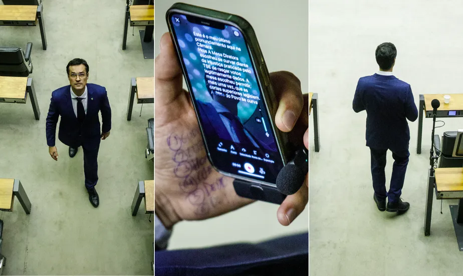 Deltan imita Bolsonaro e faz cola na mão para seu último discurso no plenário da Câmara