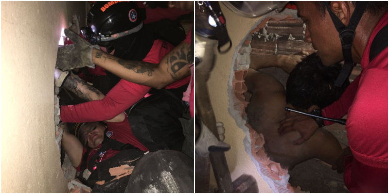 Vídeo: Bombeiros resgatam homem preso entre paredes de duas casas no Lírio do Vale