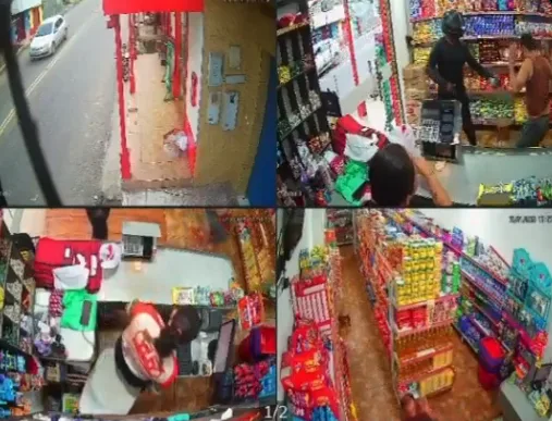 Vídeo: Homem armado invade mercadinho, dispara por acidente e sai correndo