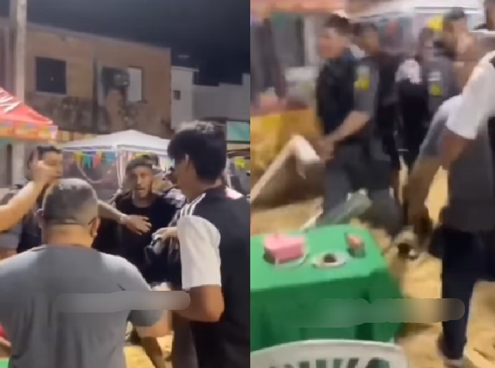 Vídeo: Em arraial no Lírio do Vale, PM chuta mesa após homem ser detido