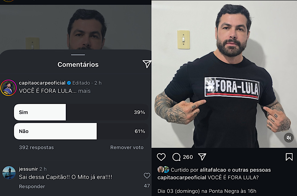 Capitão Carpê apaga enquete sobre “Fora Lula” após resultado constrangedor no Instagram