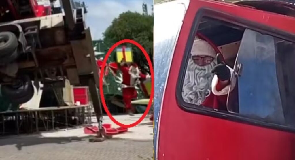 Vídeo: Operador fantasiado de "Papai Noel" é preso após guindaste tombar em Manaus