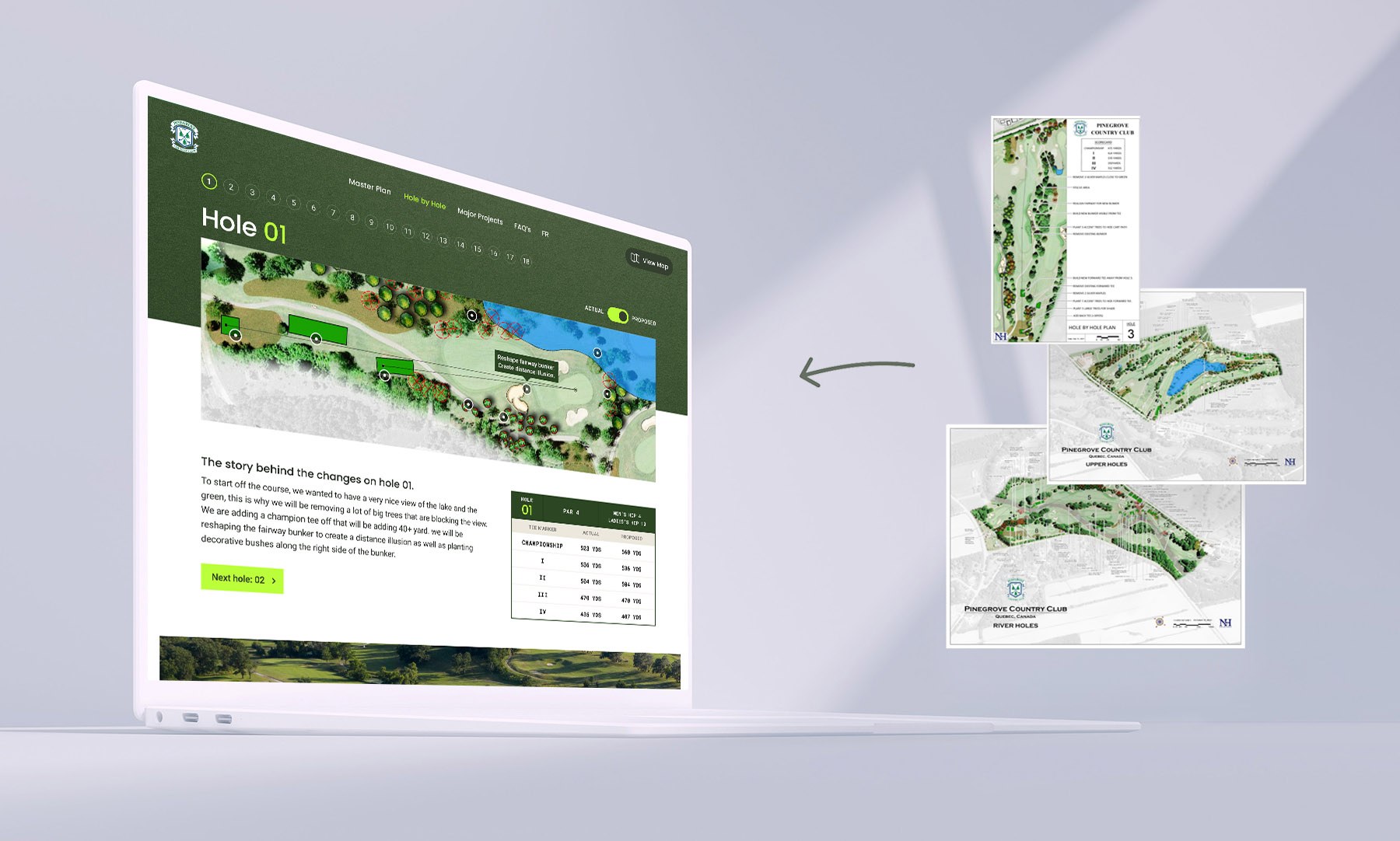 Golf course in Montreal website redesign that shows a hole by hole best user experience showing everything in a very nice web design.