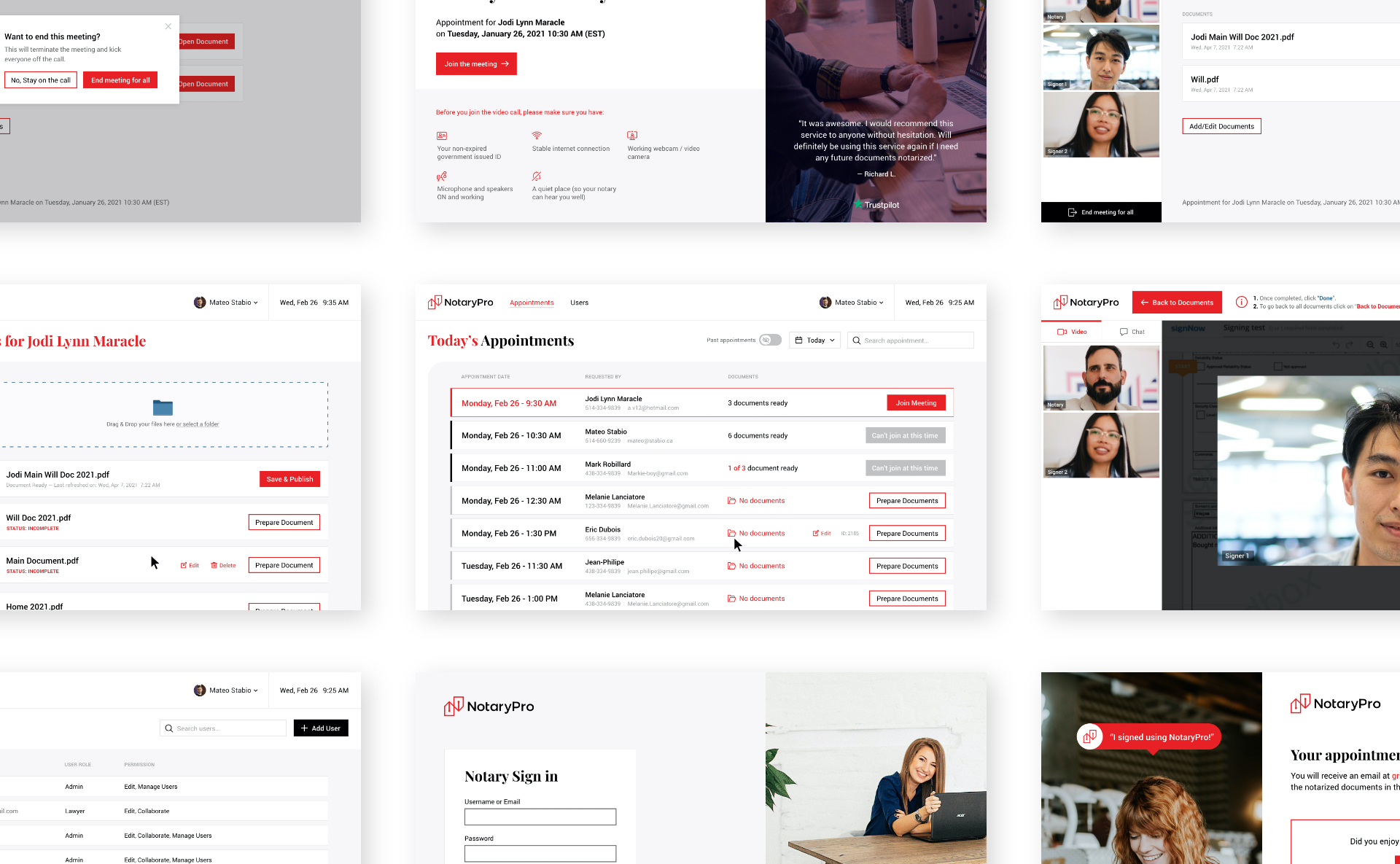 NotaryPro platform User interface and user experience redesign view of all screens in a grid.