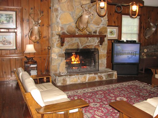 stone fireplace at Westervelt Lodge