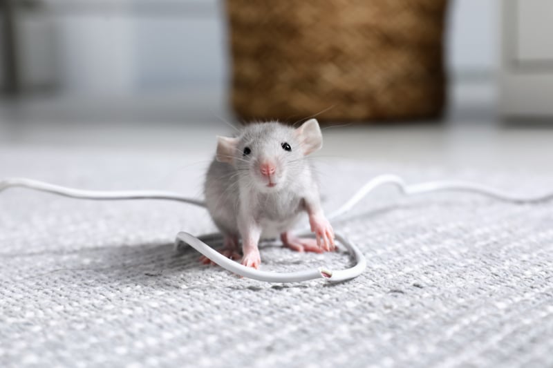 mouse chewing on wire on floor