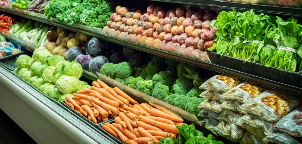 Lots of Vegetables in the Produce aisle at a Supermarket