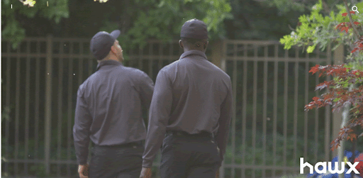 Hawx pest control technicians inspect a tree-lined yard.