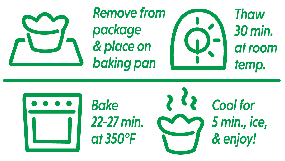 Apple Croissant Crowns baking instructions: remove from packaging & place on baking pan; thaw 30 min. at room temp; bake 22-27 min. at 350 degrees; cool for 5 min., ice, & enjoy!