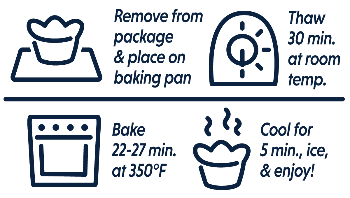 Blueberry & Cream Croissant Crowns baking instructions: remove from packaging & place on baking pan; thaw 30 min. at room temp; bake 22-27 min. at 350 degrees; cool for 5 min., ice, & enjoy!
