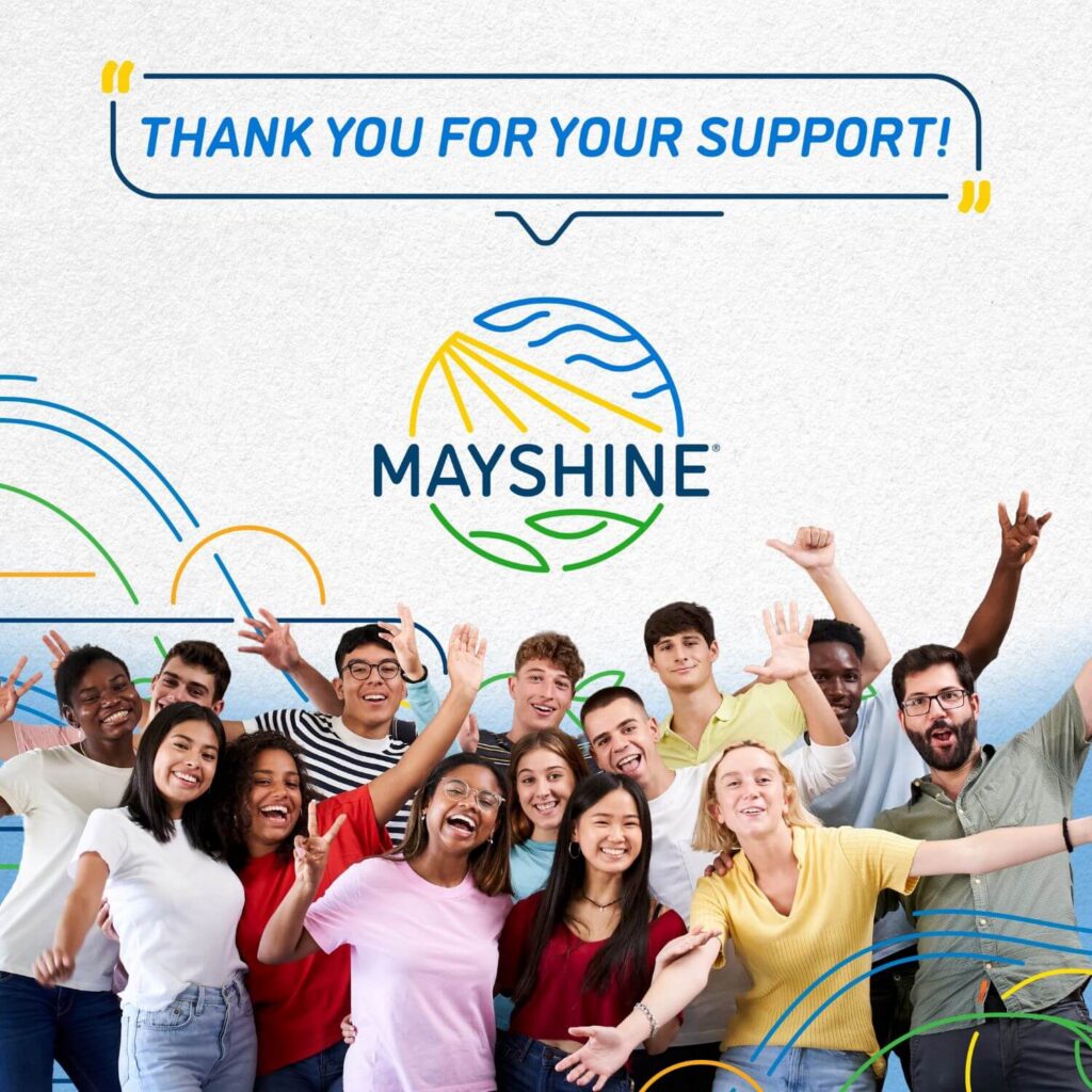 "Thank You for Your Support" on an image of a group of high school students posing in their classroom.