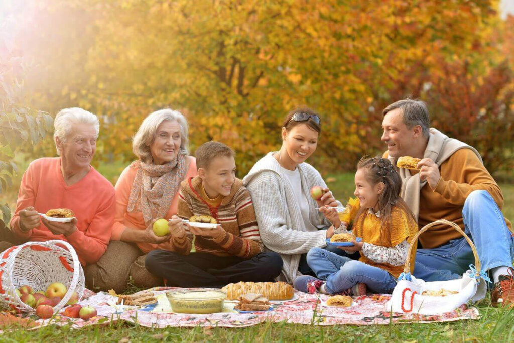 Family having a picnic outside with various foods, apples, and a Cinnamon Butter Braid Pastry.