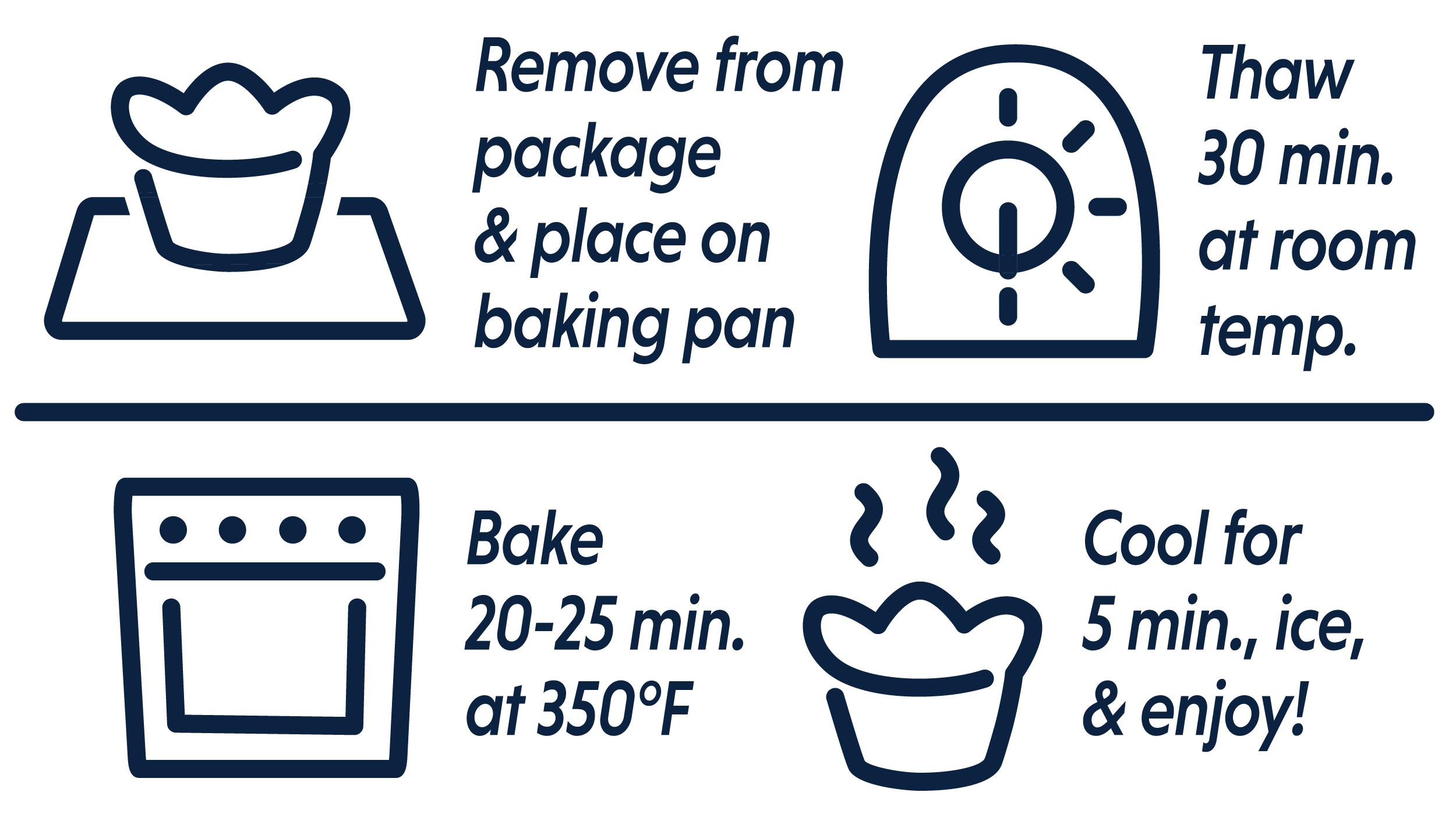 Blueberry Cream Cheese Croissant Crowns baking instructions: remove from packaging & place on baking pan; thaw 30 min. at room temp; bake 20-25 min. at 350 degrees; cool for 5 min., ice, & enjoy!