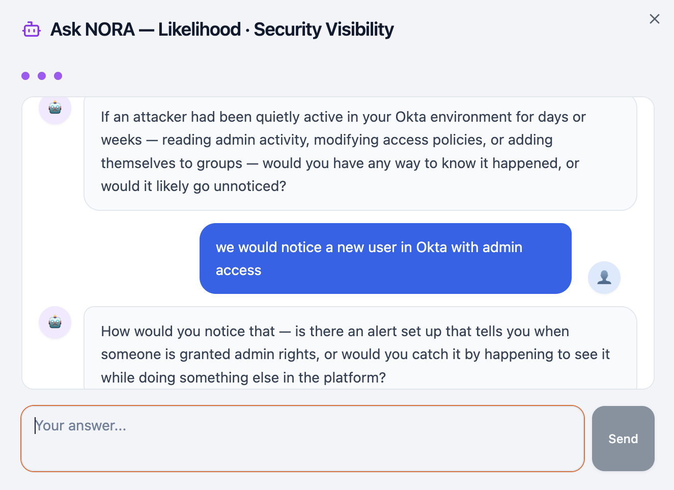 A NORA guided assessment conversation — plain-language questions answered by the asset owner