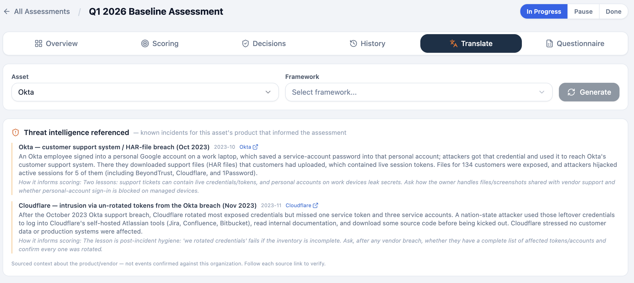 Sourced breach incidents surfaced inside a NORA assessment