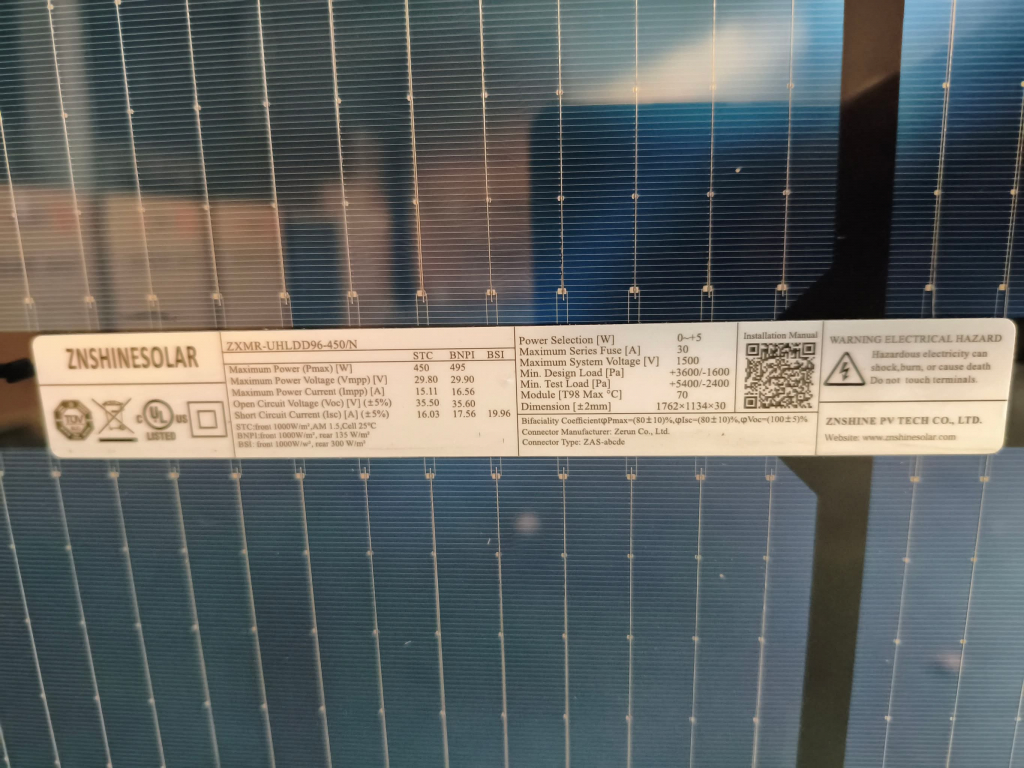 ZNShine 450W 96 N Type Mono Half Cut Cells Bifacial Solar Panel