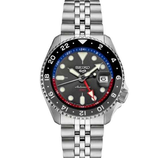 Picture of Seiko 5 Sports Stainless Steel Auto GMT Watch w/ Charcoal Dial