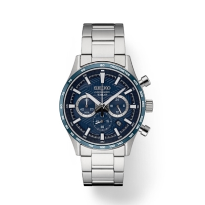 Picture of Seiko Essentials Stainless Steel Chrono Watch with Blue Dial