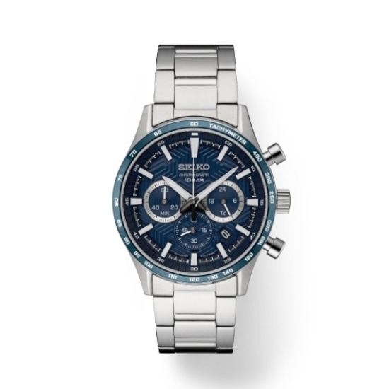 Picture of Seiko Essentials Stainless Steel Chrono Watch with Blue Dial