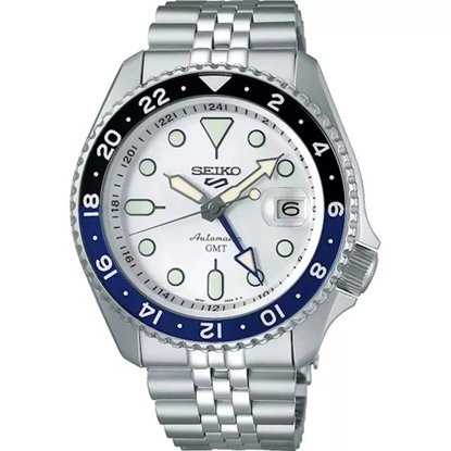 Picture of Seiko 5 Sports Automatic White Dial Watch w/ Black/Blue Bezel